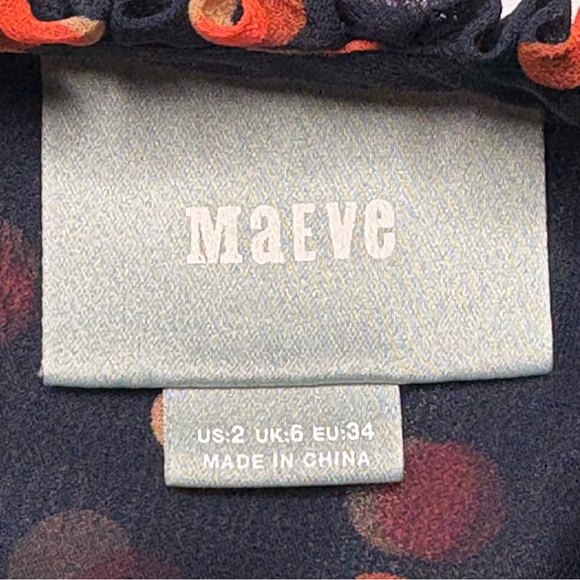 Maeve Anthropologie High Neck Sheer Polka Dot Ruffle Blouse Size 2 Navy Orange - Picture 8 of 10